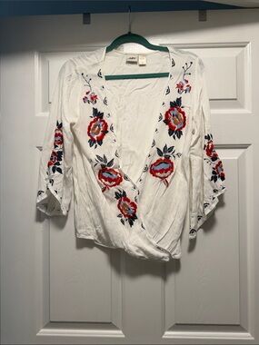Daytrip White Wrap Blouse with Red & Navy Floral Embroidery